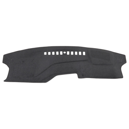 A black vehicle dash mat with pre-cut openings, shown against a plain white background.