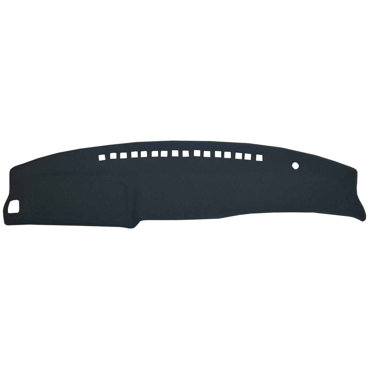 A black vehicle dash mat with pre-cut openings, shown against a plain white background.