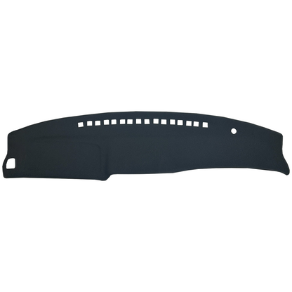 A black vehicle dash mat with pre-cut openings, shown against a plain white background.